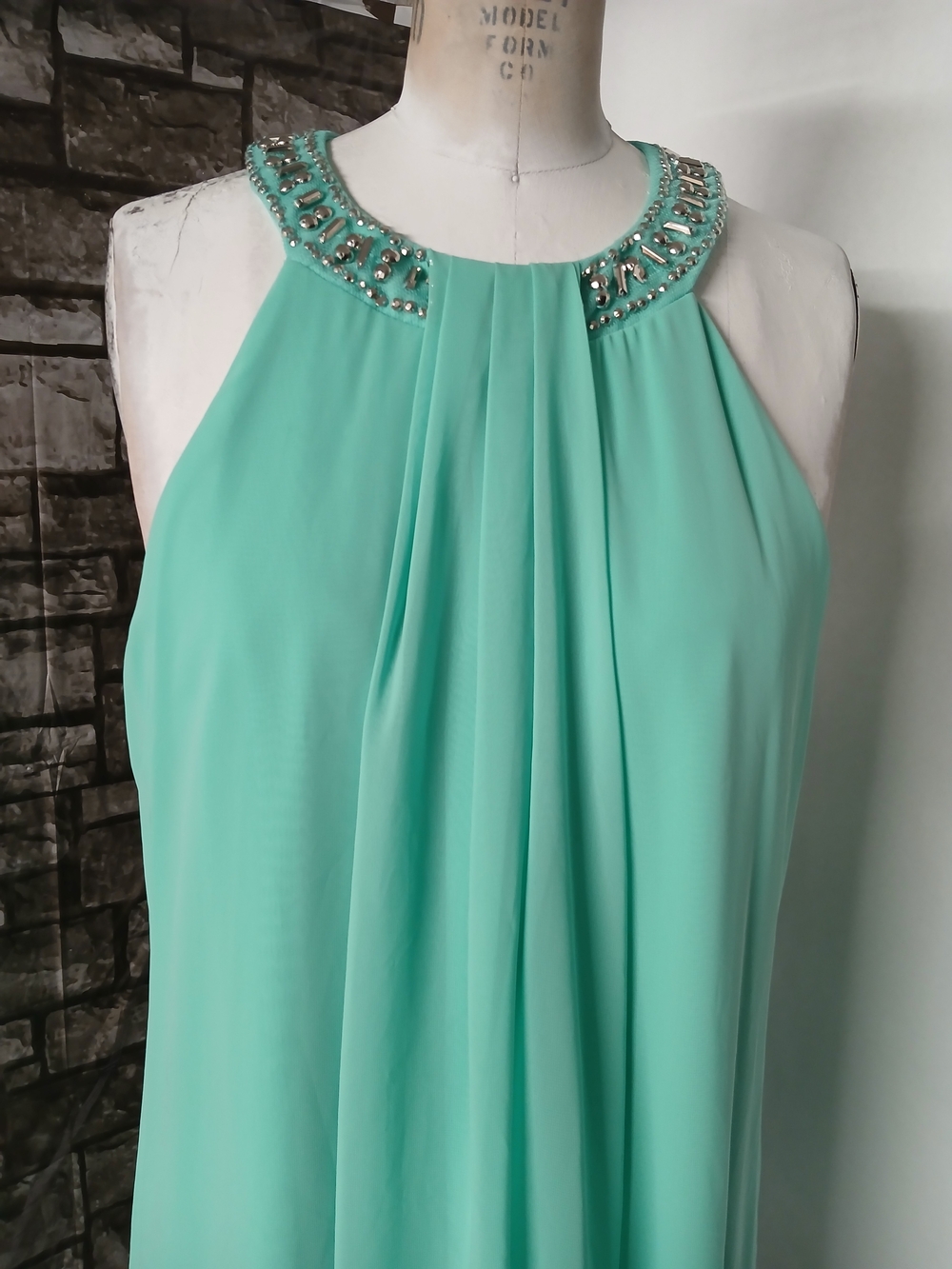 Beaded Halter Midi in Aqua Green Women's Evening Dress. - Picture 5 of 12